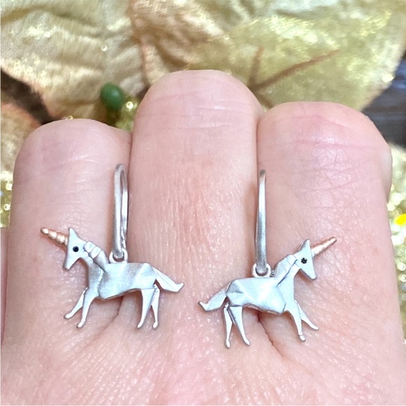Genuine Diamond Unicorn Dangle Earrings ~Rose Gold Black Diamond Sterling Silver - Picture 1 of 14